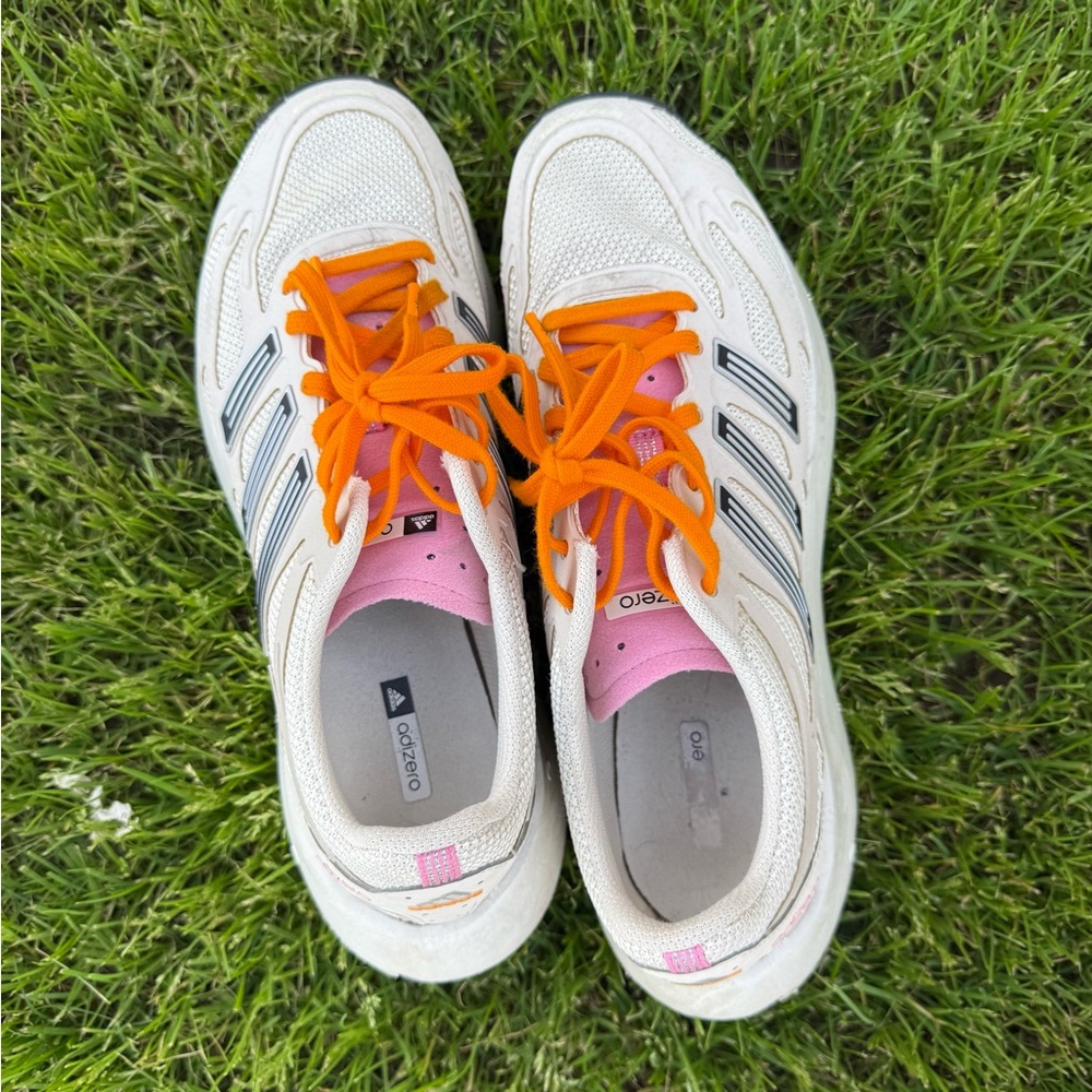 Adidas Adizero Aruku Cream Sneakers with Orange and Pink Accents